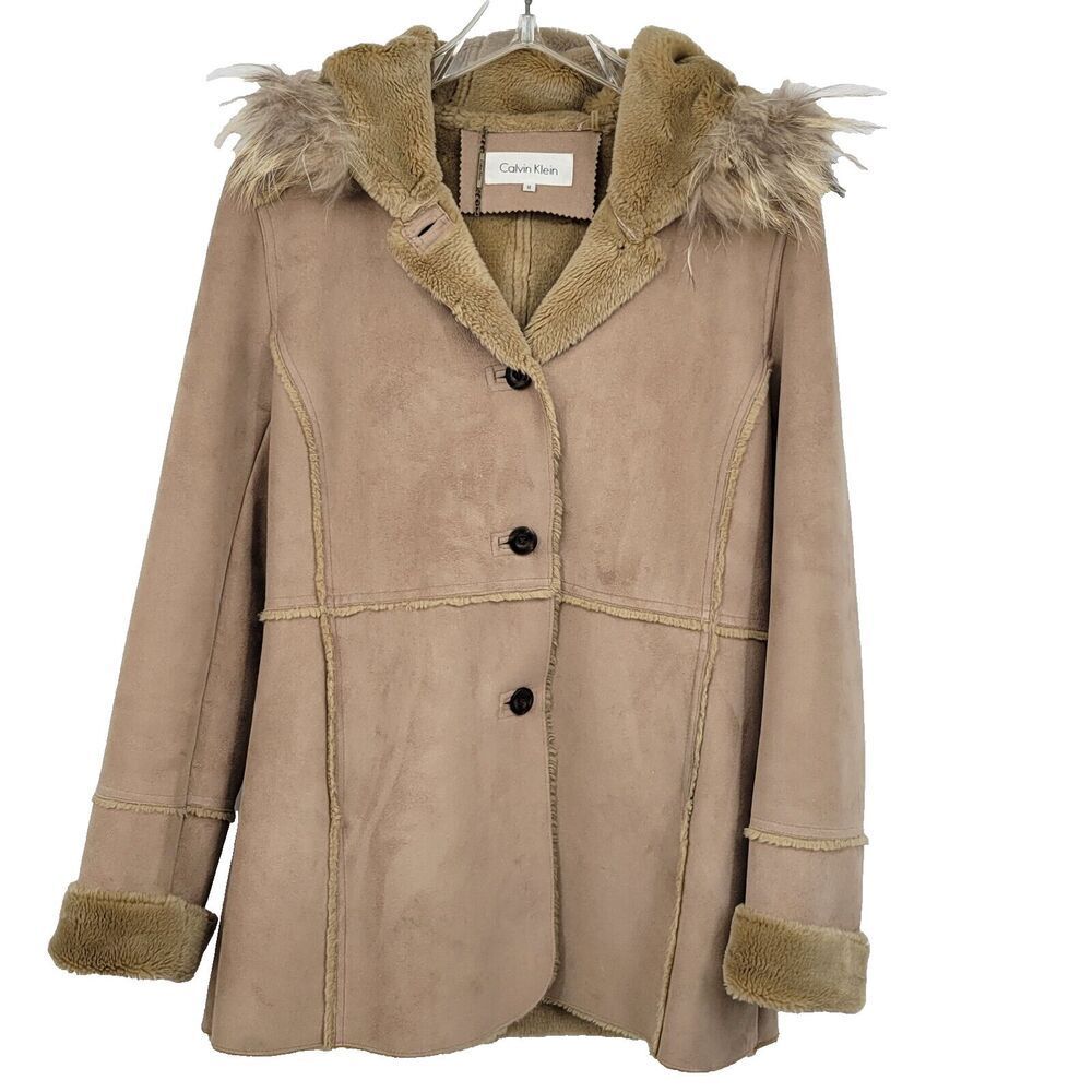 Calvin Klein Womens Faux Suede Coat Jacket Size Medium Tan Hood Raccoon Fur Trim